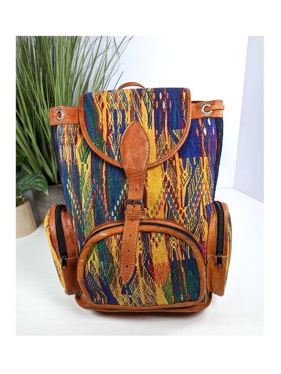 Handmade Woven Backpack Leather Trim Boho Tribal Stripe Ethnic Rucksack Nice! main image 6